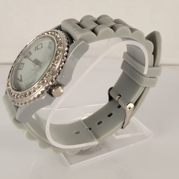Silver Cross Watch with Rhinestone Bezel and Gray Silicone Strap Religious - Picture 12 of 15